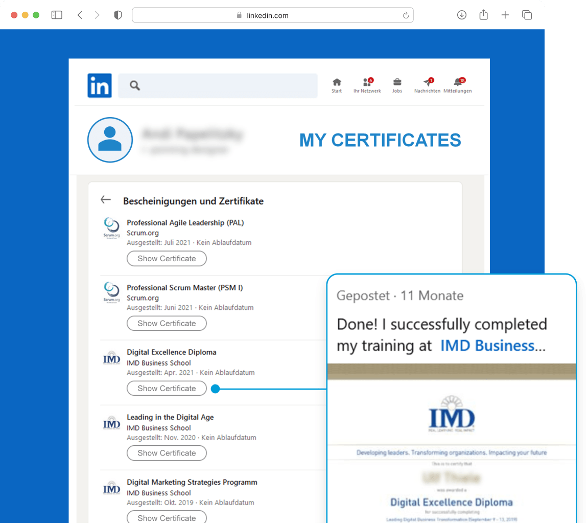 Screenshot of Smart Certificate Linkedin integration